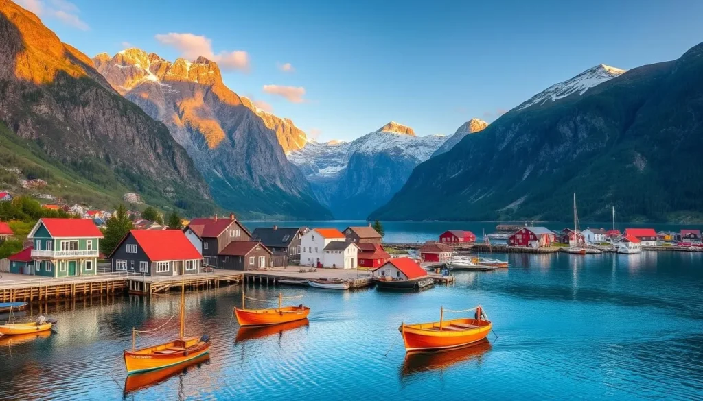 A tranquil seaside town nestled amidst towering mountains, Orsta, Norway presents a breathtaking natural tableau. Capture the quaint harbor, with traditional wooden boats bobbing gently on the turquoise waters. In the foreground, charming red-roofed houses line the shore, their vibrant colors reflecting in the calm fjord. Towering peaks rise majestically in the background, their snow-capped summits glowing under the warm, golden light of an afternoon sun. A serene atmosphere pervades the scene, inviting the viewer to explore this picturesque Norwegian destination.