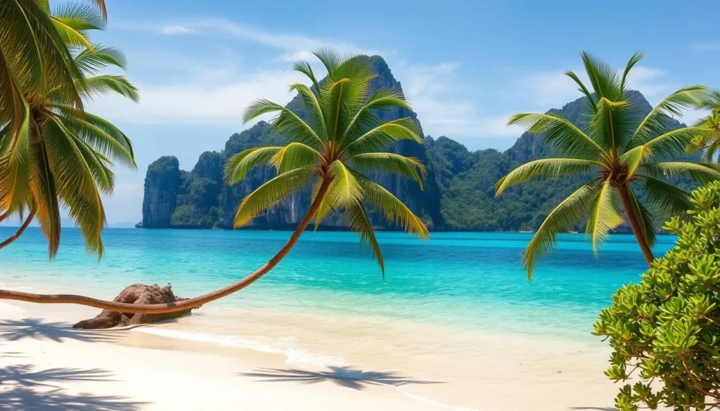 A tranquil seaside vista in Krabi, Thailand on a picturesque sunny day. The azure waters of the Andaman Sea lap gently against the pristine white sand beach, framed by lush, verdant palm trees swaying in the gentle breeze. Rugged limestone cliffs rise dramatically in the background, their jagged peaks casting long shadows across the scene. Soft, diffused natural lighting illuminates the entire landscape, creating a serene and inviting atmosphere. The scene conveys the quintessential tropical charm of Krabi, showcasing the region's stunning natural beauty and perfect weather conditions for a weather-savvy holiday.