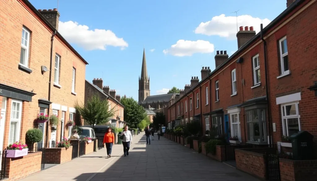 A tranquil street in Waltham Forest, East London, bathed in warm afternoon sunlight. Quaint brick terraced houses line the sidewalk, their vibrant window boxes and well-tended gardens adding splashes of color. In the distance, the spire of a historic church rises above the rooftops, while a few fluffy clouds drift across a clear blue sky. Pedestrians stroll leisurely, enjoying the peaceful ambiance of this charming neighborhood. The scene exudes a cozy, small-town atmosphere, inviting the viewer to step into this picturesque corner of the capital.