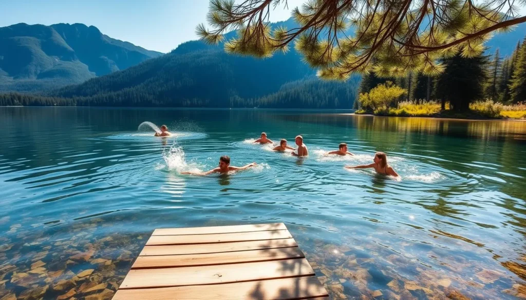 A tranquil summer day at Crooked Lake, British Columbia. The crystal-clear waters of the lake reflect the lush, verdant shores and towering mountains in the distance. A group of friends playfully splashing and swimming, their laughter echoing across the calm surface. Dappled sunlight filters through the swaying pine trees, casting a warm, golden glow over the serene scene. In the foreground, a wooden dock extends into the lake, inviting visitors to dive in and cool off from the gentle heat. The mood is one of carefree relaxation, perfectly capturing the essence of top summer activities at this idyllic natural wonder.