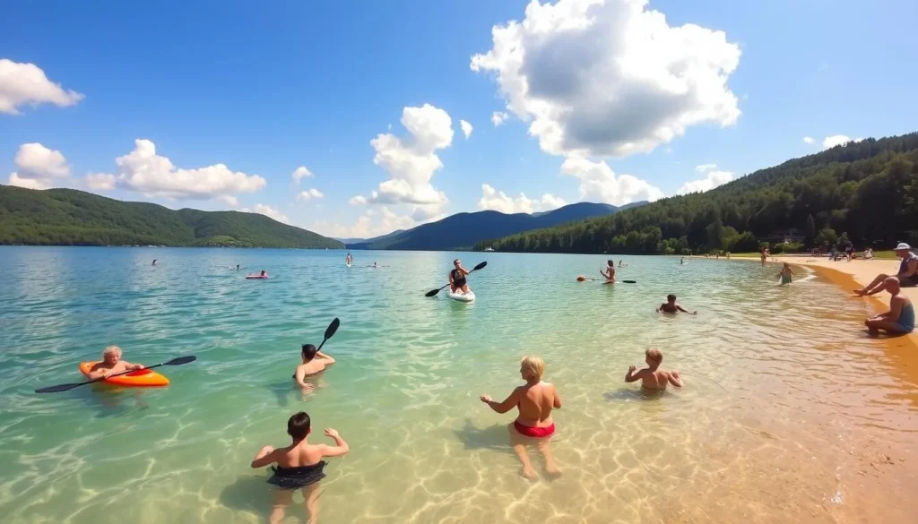A tranquil summer day at Lake Lipno, Czechia. In the foreground, people enjoy various water activities - swimming, kayaking, and stand-up paddleboarding. The crystal-clear lake reflects the vibrant blue sky and fluffy white clouds. In the middle ground, families relax on the sandy beach, while children play in the shallow waters. The background features lush, verdant hills and forests surrounding the lake, creating a picturesque and serene natural setting. Warm, golden sunlight bathes the scene, evoking a feeling of warmth and relaxation. The overall atmosphere is one of leisure, adventure, and appreciation for the beautiful natural landscape.