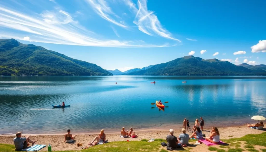 A tranquil summer day at Lake Sandvatnet, Norway. Glistening azure waters reflect the surrounding lush green hills and towering peaks. In the foreground, people enjoy various activities - some kayaking across the calm surface, others lounging on the sandy shores, and families picnicking under the warm sunshine. Wispy clouds drift overhead, casting soft shadows that dance across the landscape. The scene exudes a serene, relaxed atmosphere, inviting visitors to immerse themselves in the natural beauty of this stunning Nordic destination.