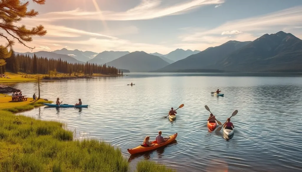 A tranquil summer day at Smoky Lake, Alberta. In the foreground, people kayak and paddleboard on the calm, shimmering waters, surrounded by lush green shorelines. In the middle ground, families picnic on the grassy banks, children play in the shallows, and hikers explore the nearby trails. The background showcases the majestic Rocky Mountains, their snow-capped peaks reflected in the still lake. Warm, golden sunlight filters through wispy clouds, casting a serene glow over the entire scene. The atmosphere is one of peaceful relaxation and outdoor recreation, capturing the essence of the best things to do in Smoky Lake during the summer season.