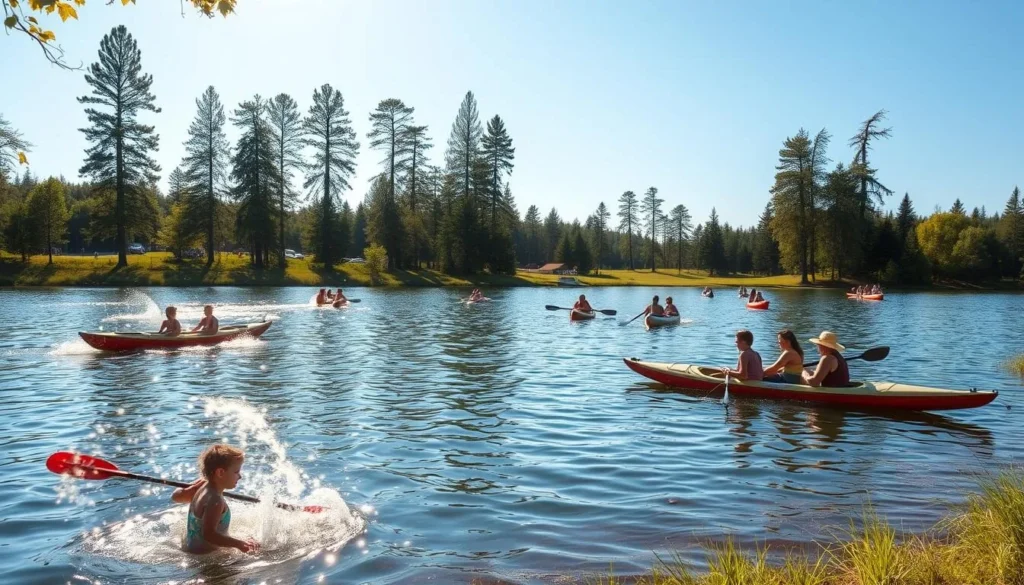 A tranquil summer day on the shores of Lake Saimaa, Finland. Sunlight dances on the calm, azure waters as families gather for a day of leisure. In the foreground, children splash in the shallows, laughter echoing across the scene. Paddlers glide by in kayaks and canoes, their strokes cutting smooth paths through the reflective surface. Towering pines and birches frame the idyllic landscape, casting long shadows over the picnickers spread out on the grassy banks. Warm breezes rustle the leaves, creating a soothing, natural ambiance. The atmosphere is one of tranquility and relaxation, capturing the essence of summer activities on this iconic Finnish lake.