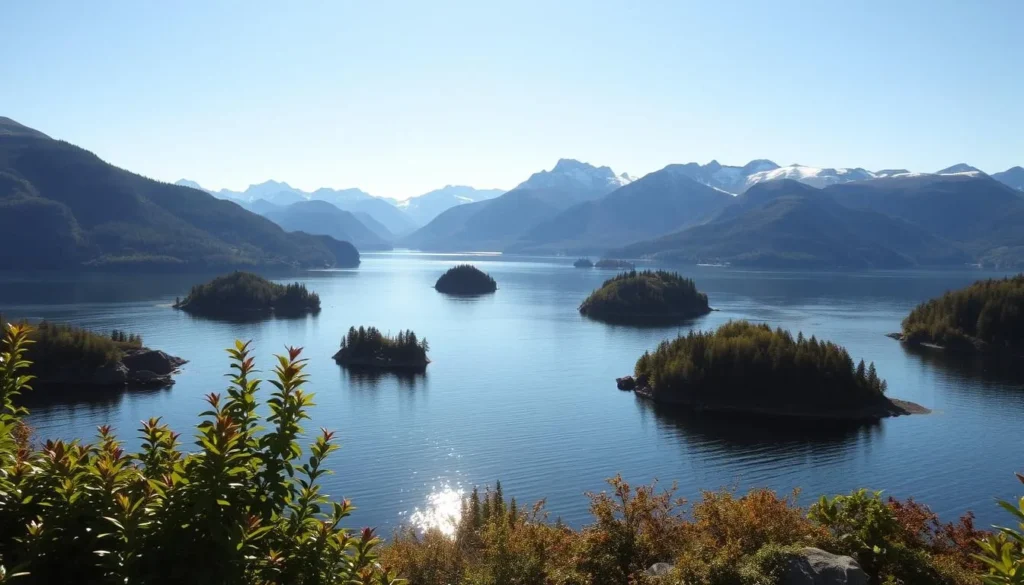 A tranquil, sun-dappled expanse of Lake Nisser, Norway, with its charming islands dotting the serene waters. In the foreground, lush, verdant foliage and rocky shores invite exploration. The middle ground features the picturesque islands, their wooded slopes and hidden coves beckoning visitors to discover their natural wonders. In the background, the majestic mountains rise, their snow-capped peaks casting reflections on the still lake surface. The warm, golden light bathes the scene, creating a serene and inviting atmosphere, perfect for a day of peaceful exploration among the islands of this stunning Norwegian lake.