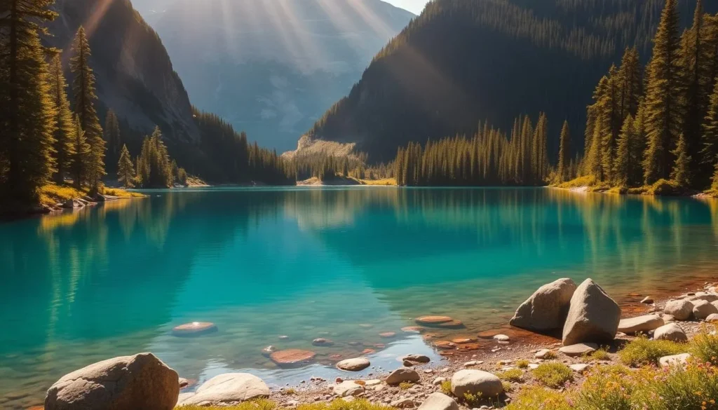 A tranquil, sun-dappled scene of Crooked Lake nestled in the heart of British Columbia's verdant wilderness. The pristine azure waters reflect the towering, pine-clad peaks that rise majestically in the background, creating a breathtaking natural panorama. In the foreground, a gently curving shoreline is dotted with smooth, weathered rocks and a scattering of wildflowers, inviting visitors to explore this hidden gem. Warm, golden light filters through the canopy of tall, swaying evergreens, casting a serene, ethereal glow over the entire landscape. The overall atmosphere evokes a sense of tranquility, wonder, and a deep connection to the unspoiled beauty of the Canadian wilderness.