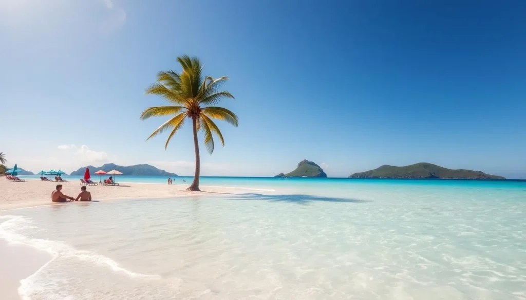A tranquil, sun-drenched beach in the Los Roques Archipelago, Venezuela. Crystalline turquoise waters gently lap against the pristine white sand. In the foreground, a few beachgoers soak in the warmth, while in the distance, palm trees sway lazily. The midground is dotted with colorful umbrellas and lounge chairs, creating a serene and inviting scene. The background features lush, verdant islands framing the horizon, with a clear blue sky above. Soft, diffused lighting illuminates the entire landscape, creating a relaxing, idyllic atmosphere.