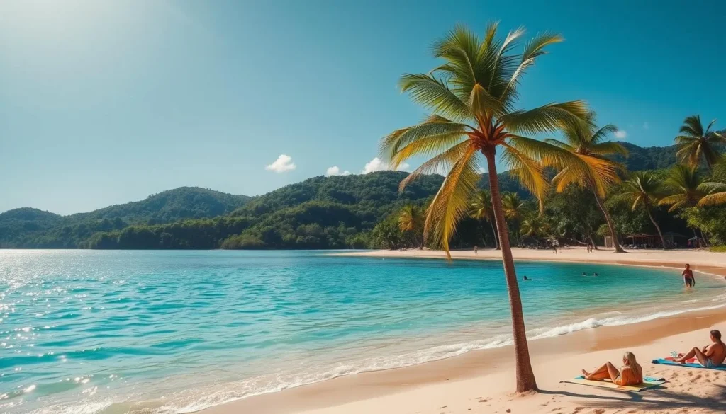A tranquil tropical beach scene in Remire-Montjoly, French Guiana, with golden sand, swaying palm trees, and crystal-clear turquoise waters gently lapping the shore. The sun is high in the sky, casting a warm, inviting glow over the idyllic landscape. In the distance, lush green hills rise up, creating a picturesque backdrop. Beachgoers are casually strolling, swimming, or lounging on colorful towels, enjoying the perfect weather and serene atmosphere. The scene evokes a sense of relaxation and the ideal time to visit this stunning coastal town.