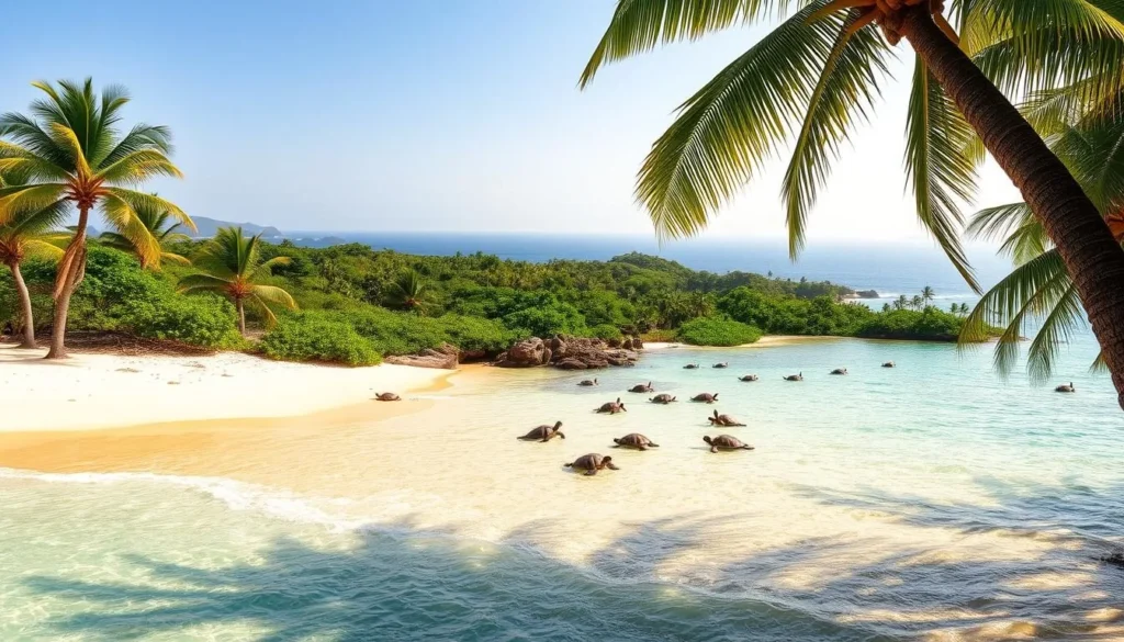 A tranquil tropical paradise on Dos Mosquises Island, a turtle sanctuary bathed in warm sunlight. In the foreground, a picturesque beach with soft, golden sand and crystalline azure waters lapping gently at the shore. Towering palm trees sway gently in the ocean breeze, casting dappled shadows across the scene. In the middle ground, a lush, verdant landscape unfolds, dotted with vibrant foliage and the occasional rocky outcrop. Amidst this serene setting, a group of curious sea turtles swim and bask, creating a harmonious coexistence between land and sea. The background features a hazy, tranquil horizon, with distant islands and the boundless, shimmering ocean beyond. Captured through a wide-angle lens, this image conveys a sense of peacefulness, natural beauty, and the wonders of island life.
