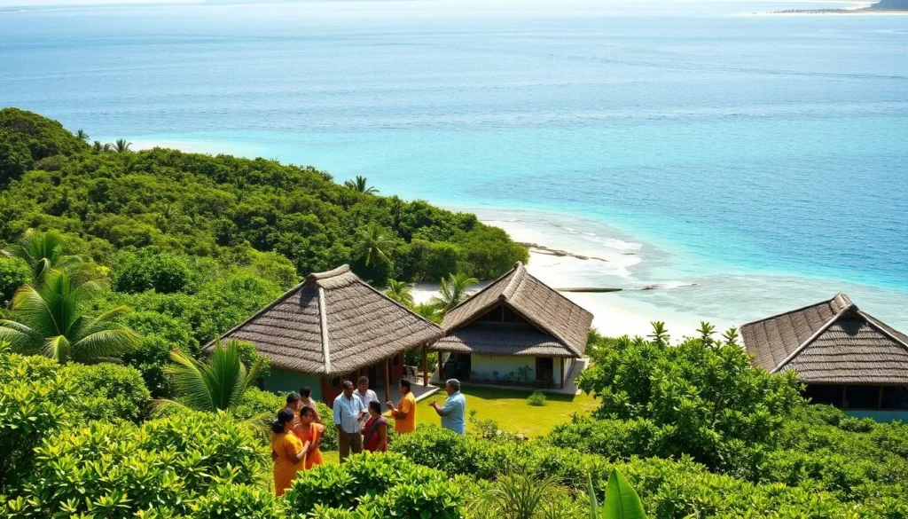 A tranquil village nestled amidst the lush, verdant landscapes of Lakshadweep. In the foreground, a group of locals engaged in lively conversation, their gestures and expressions reflecting the nuances of the local Malayalam dialects. The middle ground showcases traditional thatched-roof houses, their vibrant colors and intricate architectural details a testament to the region's unique cultural heritage. In the background, the shimmering azure waters of the surrounding lagoons, their gentle waves lapping against the pristine shores. Warm, diffused sunlight bathes the scene, creating a serene and inviting atmosphere. Capture the essence of Lakshadweep's linguistic diversity through this captivating, photorealistic depiction.