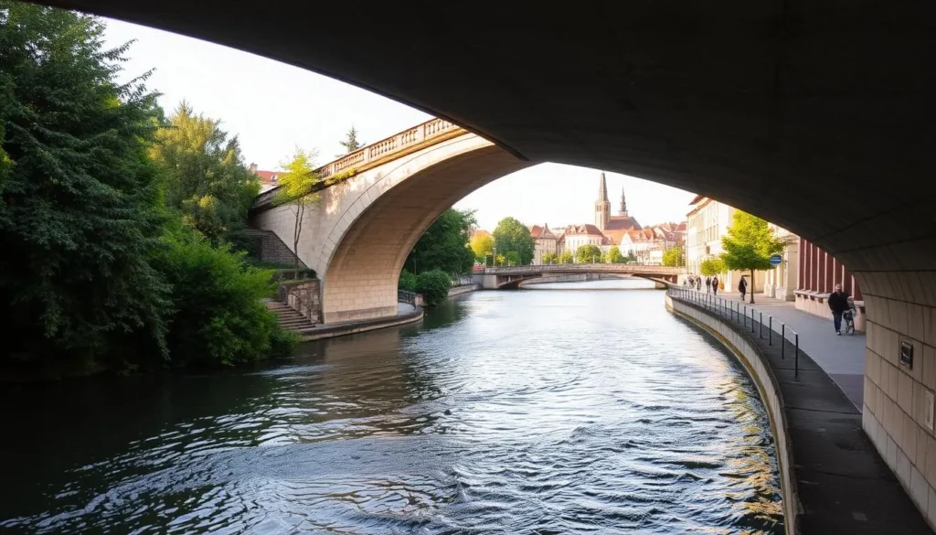 A tranquil waterway in the historic city of Ceska Budejovice, Czechia, flows under a graceful stone bridge, its gentle currents reflecting the surrounding architecture. Pedestrians stroll along the picturesque riverbanks, taking in the charming atmosphere. Lush greenery lines the waterways, complementing the warm, golden light of a pleasant day. In the distance, the spires of the old town rise majestically, creating a serene and picturesque scene. Capture the essence of Ceska Budejovice's best features along the waterways with a wide-angle lens, showcasing the harmony between the natural and built environments.