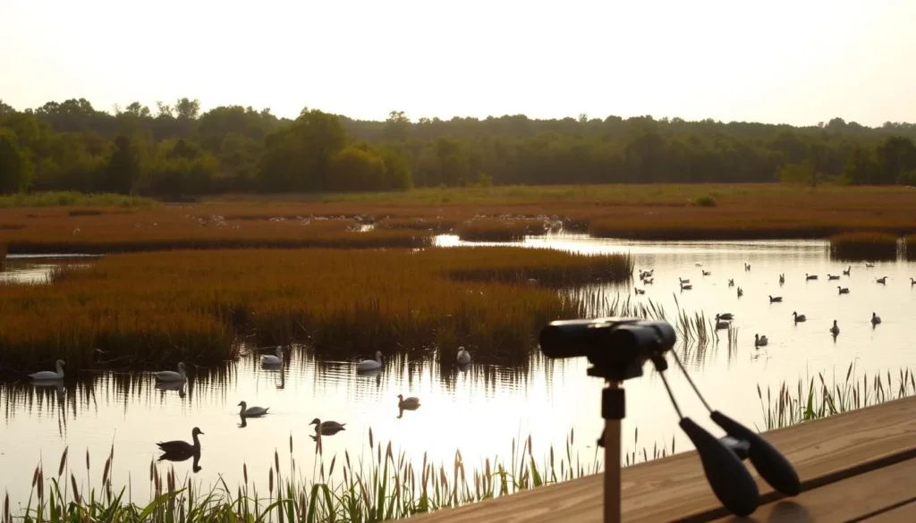 A tranquil wetland landscape at Bombay Hook National Wildlife Refuge, Delaware. In the foreground, a serene pond reflects the hazy sky, its surface dotted with floating waterfowl. Along the banks, reeds and cattails sway gently in a light breeze. In the middle ground, a lush green forest provides a natural backdrop, home to a variety of migratory birds. The warm, golden sunlight filters through the trees, casting a soft, inviting glow over the scene. A pair of binoculars rests on a wooden observation deck, inviting visitors to immerse themselves in the tranquil birdwatching experience.