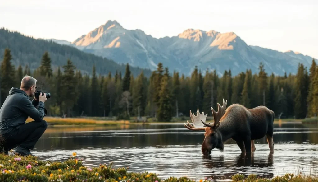 A tranquil wilderness scene in Stora Sjofallet National Park, Sweden. In the foreground, a skilled wildlife photographer crouches, camera poised, capturing the graceful movements of a majestic moose drinking from a pristine lake. The middle ground showcases the park's lush, evergreen forests, dotted with vibrant wildflowers. In the background, the rugged peaks of the Lapland mountains rise, bathed in the warm glow of the sun. Soft, diffused lighting creates a serene, naturalistic atmosphere, accentuating the park's untamed beauty. This image conveys the tranquility and wonder of wildlife watching and nature photography in this exceptional Nordic wilderness.
