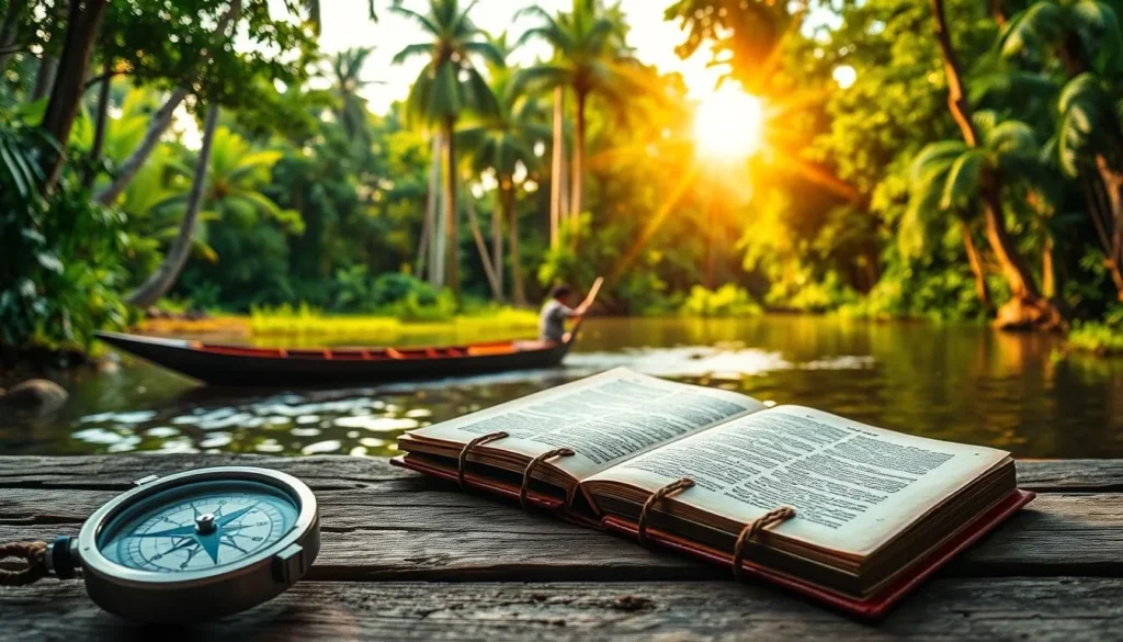 A travel guide to the lush Amazon rainforest, showcasing its verdant canopy, winding rivers, and vibrant wildlife. In the foreground, a compass and a well-worn leather-bound book lay open, hinting at the adventure to come. The middle ground features a traditional dugout canoe gliding across a tranquil tributary, while the background is dominated by the towering silhouettes of towering trees and the warm, golden glow of the tropical sun filtering through the foliage. The overall scene evokes a sense of exploration, discovery, and the allure of this captivating natural wonder.