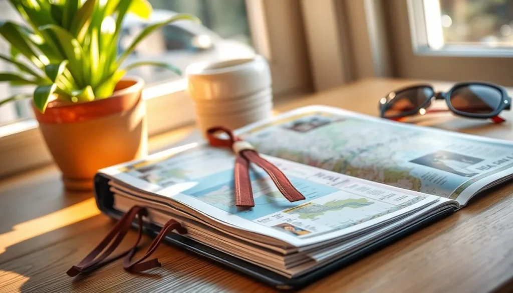 A travel guide with a sturdy leather cover and a ribbon bookmark, resting on a wooden table. Sunlight streams through a window, casting a warm glow on the scene. The guide's pages are filled with detailed maps, vibrant photographs, and practical information. In the background, a potted plant and a pair of sunglasses hint at the adventurous spirit of the traveler. The overall atmosphere is one of exploration, discovery, and anticipation for the journey ahead.