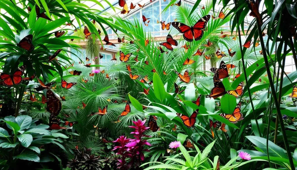 A tropical conservatory at the Butterfly Pavilion in Westminster, Colorado, with hundreds of butterflies flying freely. A tropical conservatory at the Butterfly Pavilion in Westminster, Colorado, with hundreds of butterflies flying freely.