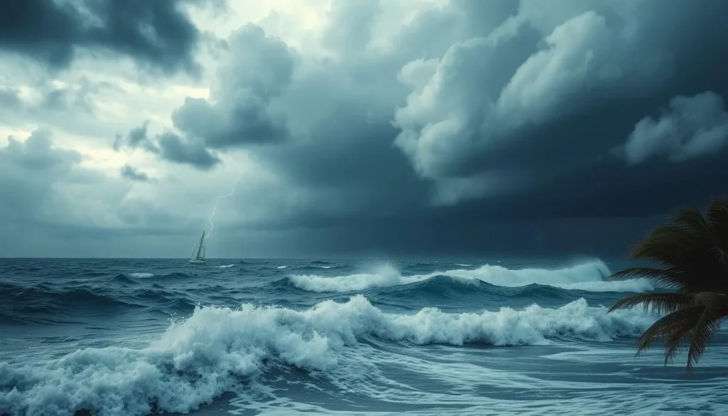 A turbulent seascape under an ominous sky, dark clouds swirling overhead as the winds howl. Choppy waves crash against a palm-fringed shore, white-capped and foaming. In the distance, the silhouette of a sailboat struggles to navigate the tempestuous waters. Flashes of lightning pierce the gloom, illuminating the scene in dramatic bursts. The air is thick with the scent of impending rain, a palpable tension as the hurricane approaches. A sense of unease pervades the landscape, a warning to those who would venture out in this treacherous weather.