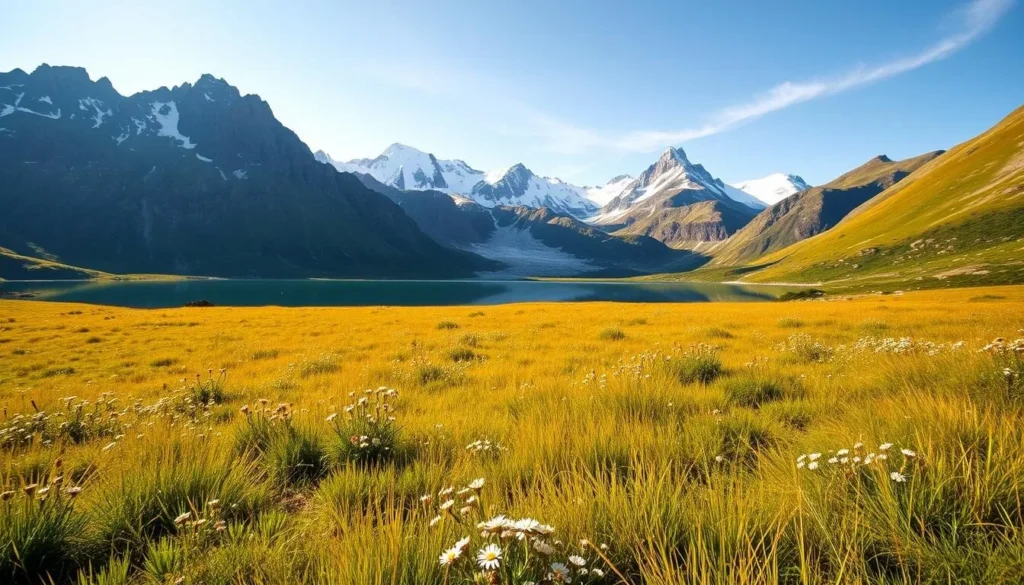 A vast alpine landscape in Jotunheimen National Park, Norway. Rugged, snow-capped peaks rise majestically in the background, their jagged silhouettes reflecting in a serene glacial lake in the foreground. Lush, verdant meadows dotted with wildflowers stretch out towards the horizon, bathed in warm, golden sunlight. A gentle breeze rustles through the tall grasses, creating a sense of tranquility and natural beauty. The scene conveys the grandeur and awe-inspiring scale of this Nordic wilderness, the "Home of Giants."