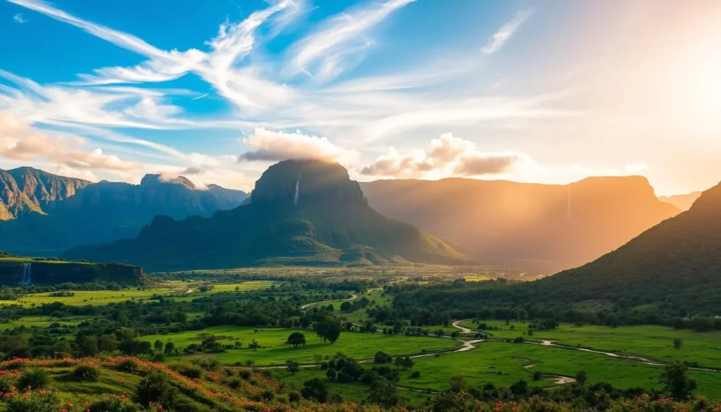 A vast and captivating landscape of the Gran Sabana region in Canaima National Park, Venezuela. Rugged, table-top mountains, known as tepuis, rise majestically against a bright, azure sky. Lush, verdant savannas stretch out in the foreground, dotted with vibrant wildflowers and meandering streams. A warm, golden light filters through wispy clouds, casting a serene, tranquil atmosphere over the scene. In the distance, the silhouettes of towering waterfalls cascade down the weathered cliff faces, their mist glistening in the sunlight. Capture the captivating essence of this untamed, natural wonder.