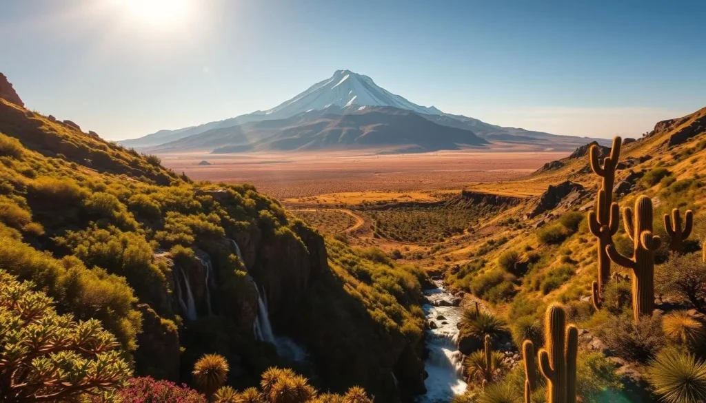A vast and diverse panorama of Chile's stunning climate zones, captured in a single breathtaking scene. In the foreground, a lush, verdant valley with cascading waterfalls and vibrant flora. Beyond, a dramatic, snow-capped Andean peak reaches towards the sky, its jagged silhouette casting long shadows across the landscape. In the distance, a sun-drenched desert landscape unfolds, dotted with cacti and rocky outcroppings. The warm, golden light bathes the entire scene, creating a serene and awe-inspiring atmosphere. Captured with a wide-angle lens, this image perfectly encapsulates the incredible diversity of Chile's climate zones, from the towering mountains to the arid plains.