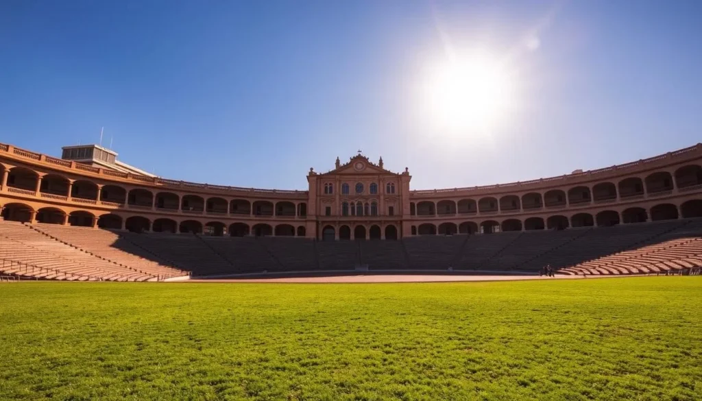 A vast and majestic bullring stands proudly against the backdrop of Colonia del Sacramento's historic city. The sun's warm rays illuminate the grand sandstone structure, casting gentle shadows that dance across its ornate facade. In the foreground, a lush, verdant lawn invites visitors to explore the unique architectural beauty of this captivating landmark. The bullring's curved seating areas and intricate details suggest a rich history and cultural significance, offering a glimpse into the past. The scene exudes a sense of tranquility and timelessness, perfectly capturing the essence of Colonia del Sacramento's enduring charm and allure.