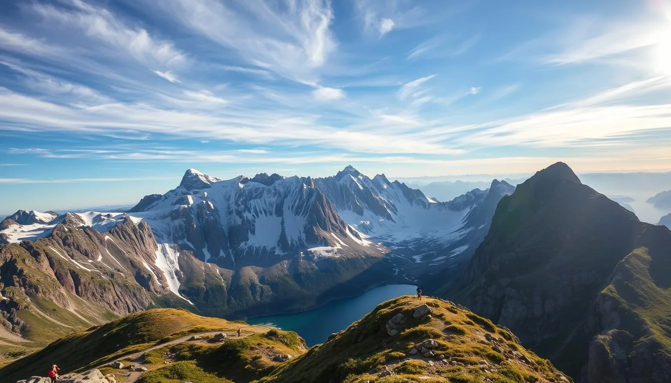 A vast and rugged landscape, the Kierkevagge Mountains in northern Sweden stand tall, their snow-capped peaks piercing the crisp, azure sky. Hikers ascend winding trails, surrounded by towering granite cliffs and tranquil glacial lakes that reflect the ethereal beauty of the natural world. Sunlight filters through wispy clouds, casting a warm, golden glow over the scene, highlighting the lush, verdant vegetation that clings to the mountainsides. In the distance, the horizon is painted with the majestic silhouettes of more distant peaks, creating a sense of endless adventure and exploration. This serene and awe-inspiring vista embodies the very essence of the Kierkevagge Mountains, a true outdoor playground for the intrepid adventurer.