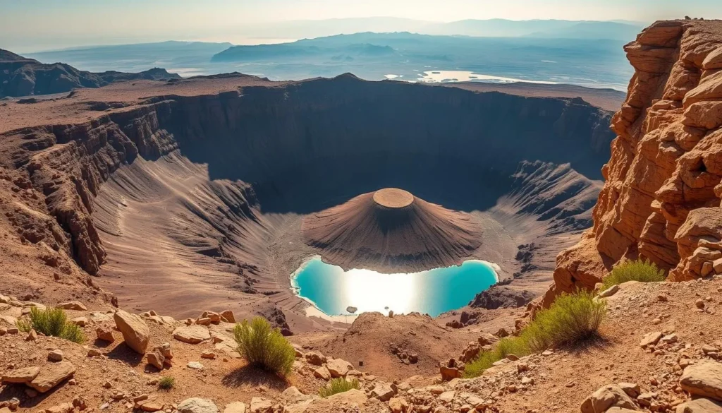 A vast, awe-inspiring volcanic crater nestled in the rugged desert landscape of Saudi Arabia. Dramatic rocky cliffs frame the serene, turquoise-blue waters of the crater lake below, illuminated by the warm, golden glow of the sun. Sparse, hardy desert vegetation clings to the slopes, adding pops of green to the earthy tones. The scene evokes a sense of tranquility and isolation, inviting the viewer to imagine the geological forces that created this unique natural wonder. Capture this stunning natural landscape in high resolution, using a wide-angle lens to showcase the crater's impressive scale and grandeur.