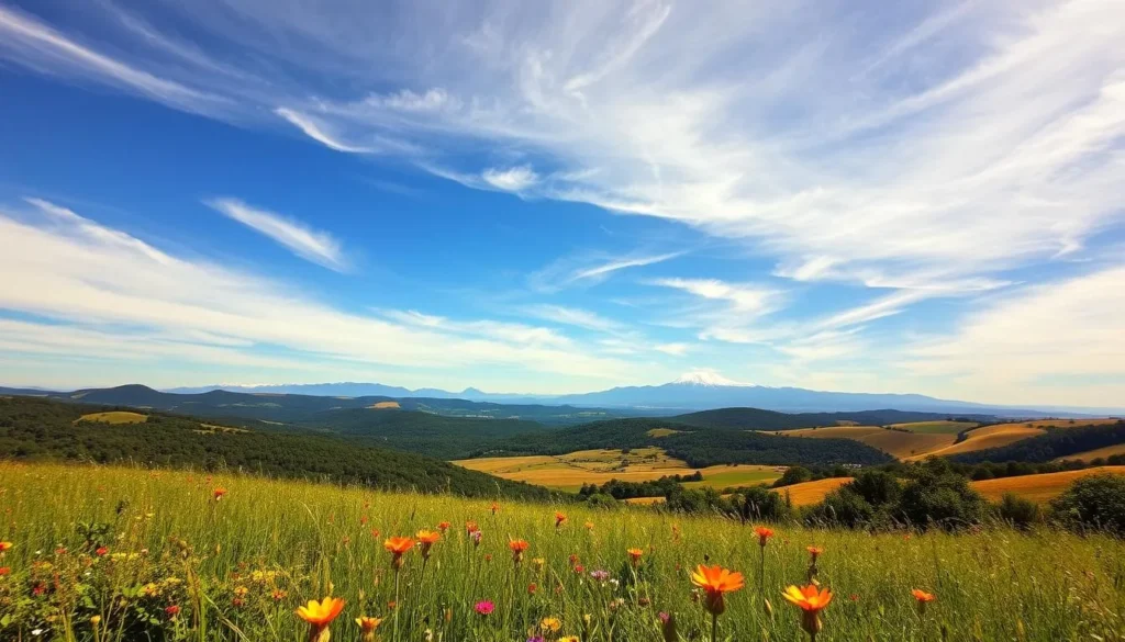 A vast blue sky with wispy clouds drifts above a lush, rolling landscape. In the foreground, a verdant meadow is dotted with vibrant wildflowers, their petals swaying gently in the breeze. Beyond, rolling hills covered in a patchwork of verdant forests and golden grasslands stretch towards the horizon, where distant mountains rise, their peaks capped with pristine snow. The scene is bathed in the warm, golden light of a sun-dappled day, creating a tranquil, serene atmosphere that captures the essence of Uruguay's temperate, subtropical climate.