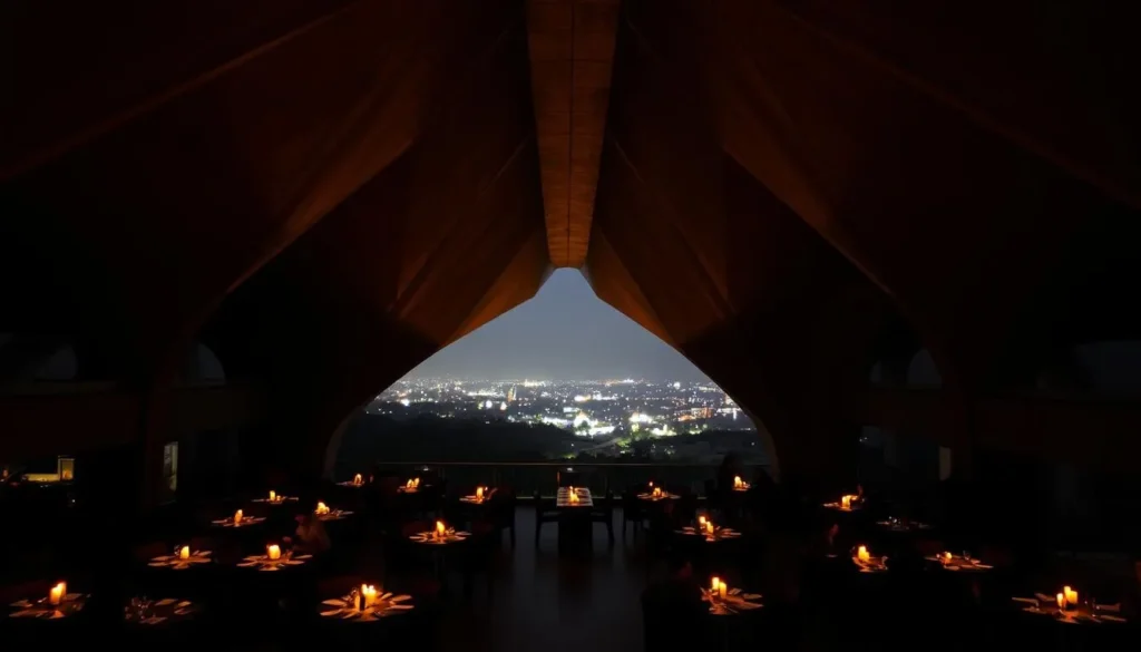 A vast concrete structure, the "Wings" of Brasilia, casting long shadows over a hidden courtyard below. Dimly lit tables and chairs populate the space, casting eerie silhouettes. The air is heavy with the scent of exotic spices and the muted chatter of diners. Warm candlelight flickers, creating a moody atmosphere. High-ceilinged arches frame the scene, their geometric forms creating a sense of unease. In the distance, the faint glow of the city's lights can be seen through the expansive windows. This is dining in the "Dark Side of the Wings" - a surreal, almost otherworldly experience that captures the unique essence of Brasilia.