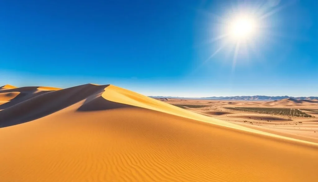 A vast desert landscape stretches out beneath a brilliant azure sky, the sun's golden rays casting a warm glow over the towering Bruneau Dunes. In the foreground, the colossal, undulating sand dunes rise majestically, their slopes illuminated by the soft, directional lighting. The dunes' graceful curves and intricate patterns create a mesmerizing, tactile texture, inviting exploration. In the middle distance, smaller dunes and sagebrush-dotted hills recede into the horizon, creating a sense of depth and scale. The overall scene conveys a serene, otherworldly atmosphere, capturing the grandeur and tranquility of this natural wonder.
