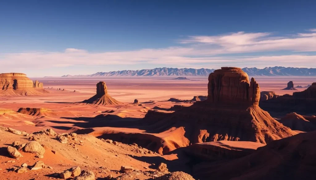 A vast expanse of arid, ochre-hued land stretches out beneath a brilliant sky, dotted with towering rock formations and sculpted by the relentless Atacama winds. In the foreground, a rugged, weathered terrain of sand and stone gives way to a middle ground of undulating hills and canyons, their shadows creating a mesmerizing interplay of light and shadow. Distant mountains, shrouded in a hazy blue, rise majestically on the horizon, creating a sense of solitude and grandeur. The scene is bathed in warm, golden sunlight, casting a serene and tranquil atmosphere that evokes the timeless, untamed essence of the Atacama Desert.