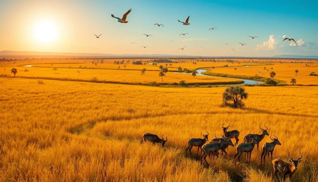A vast expanse of golden savannah stretches across the horizon, dotted with towering palm trees and winding rivers. The sun casts a warm glow over the scene, illuminating the vibrant shades of green and ochre in the lush vegetation. In the foreground, a herd of grazing antelopes meanders through the tall grasses, while birds soar overhead against a cloudless azure sky. The Rupununi Savannah, a natural wonder of Guyana, is captured in all its serene beauty, showcasing the region's diverse and captivating landscape.