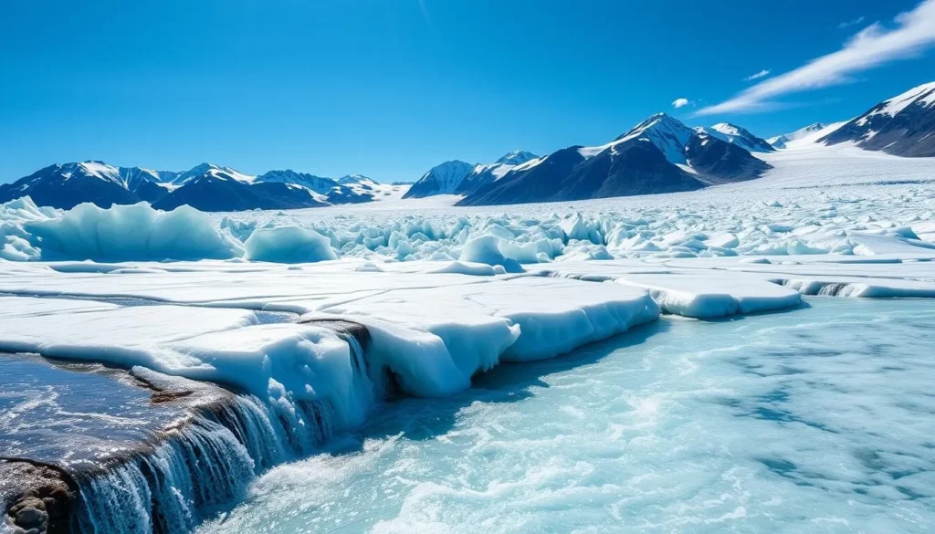 A vast expanse of pristine glacial ice, the Svartisen Glacier in Norway's Nordland county glimmers under the warm summer sun. In the foreground, crystal-clear meltwater streams cascade down the glacier's crevices, reflecting the azure sky above. The middle ground showcases the glacier's majestic, undulating surface, adorned with intricate patterns of ice and snow. In the distance, rugged mountains rise, their peaks capped with snow, creating a stunning natural backdrop. Soft, diffused lighting illuminates the scene, accentuating the glacier's otherworldly beauty. Capture the essence of this breathtaking summer landscape with a wide-angle, high-resolution lens to showcase the grandeur and tranquility of Svartisen Glacier.