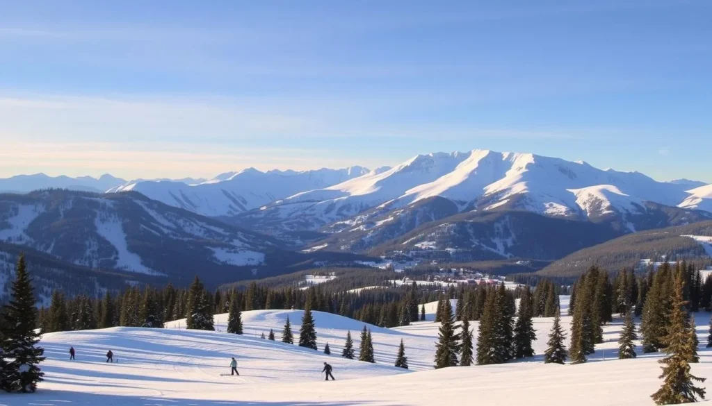 A vast expanse of pristine snow-covered slopes, dotted with majestic pine trees, stretches out before the viewer. In the foreground, expertly groomed ski runs wind their way down the mountainside, inviting skiers and snowboarders to carve graceful turns. The middle ground features a mix of beginner-friendly slopes and more challenging terrain, with towering peaks rising up in the background, their jagged summits silhouetted against a crisp, azure sky. Warm, diffused sunlight bathes the scene, creating a sense of tranquility and adventure. The image captures the essence of Breckenridge's renowned ski resort, offering a glimpse of the diverse, dynamic terrain that draws visitors from around the world.