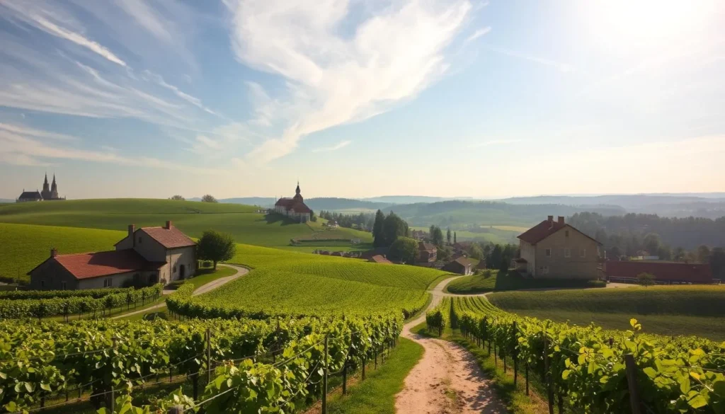A vast expanse of rolling hills dotted with charming South Moravian wine cellars, their weathered stone walls and terracotta roofs nestled amongst verdant vineyards. Warm sunlight filters through wispy clouds, casting a golden glow over the picturesque scene. In the foreground, a winding path leads visitors through the serene landscape, inviting them to explore the rich wine-making heritage of this idyllic region. The middle ground reveals rows of lush grape vines, their leaves rustling gently in the soft breeze. In the distance, the silhouettes of historic town spires and steeples rise above the horizon, hinting at the cultural tapestry of this captivating corner of Czechia.