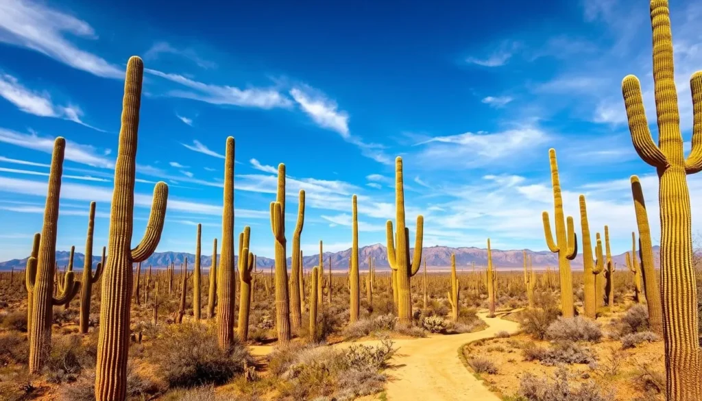 A vast expanse of towering saguaro cacti against a brilliant azure sky, their spiny arms reaching skyward in a dramatic, sun-dappled landscape. In the foreground, a winding desert trail leads hikers through a rugged, ochre-hued terrain, inviting exploration. Distant mountains form a majestic backdrop, their peaks capped with wispy clouds. Warm, golden light filters through the arid atmosphere, casting long shadows and highlighting the unique textures of the iconic saguaros. The serene, tranquil scene evokes a sense of natural wonder and adventure, perfectly capturing the essence of Saguaro National Park's breathtaking beauty.
