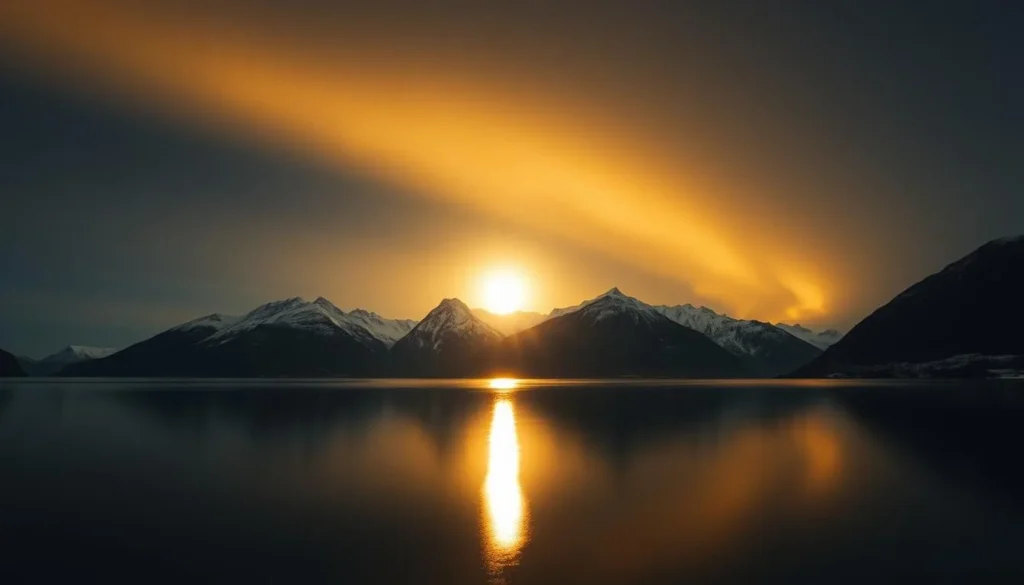 A vast, inky sky stretches overhead, punctuated by a brilliant, ethereal glow that bathes the tranquil fjord below in a warm, golden light. Majestic, snow-capped mountains rise in the distance, their peaks kissed by the gentle rays of the midnight sun. In the foreground, a serene lake reflects the celestial spectacle, creating a mesmerizing mirror effect. The scene is infused with a sense of timeless wonder, as if the very elements of nature have conspired to produce this breathtaking display. Capture the magic of the midnight sun in all its glory, framed by the awe-inspiring landscapes of Vattis National Park, Norway.