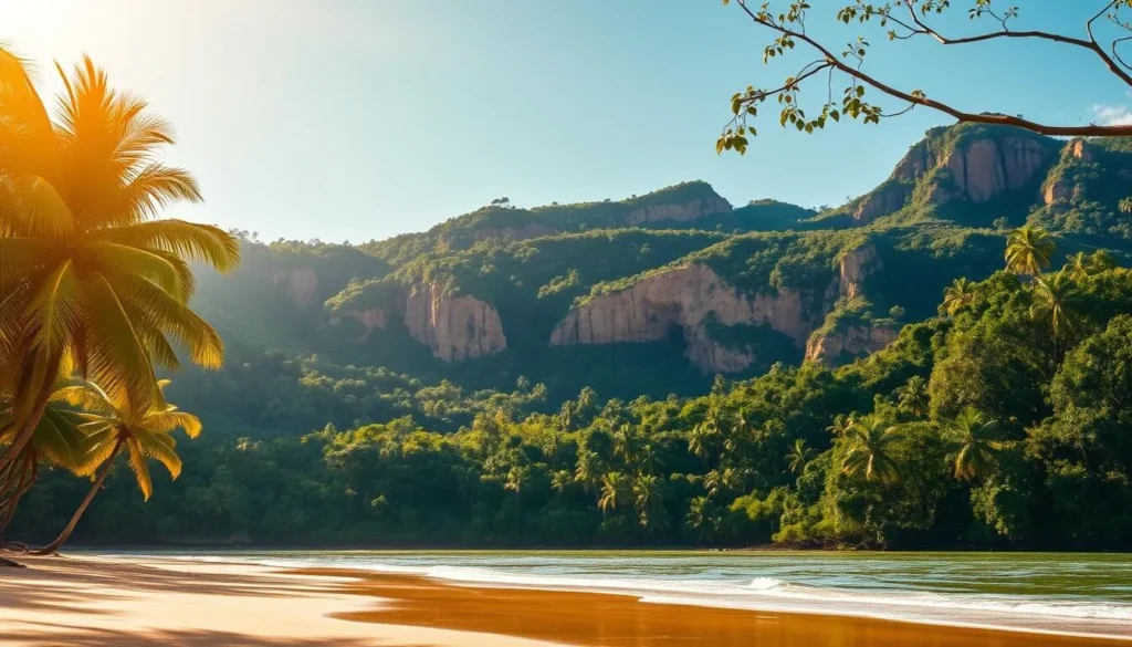 A vast, lush landscape of Cabo Orange National Park in Brazil. In the foreground, a pristine beach with golden sand and gentle waves lapping at the shore. Majestic palm trees sway in the warm breeze, casting soft shadows on the ground. In the middle ground, dense, verdant rainforest canopy stretches as far as the eye can see, home to a diverse array of flora and fauna. The background features towering, rugged cliffs in shades of ochre and sienna, sculpted by wind and time. Warm, golden sunlight filters through the leaves, creating a serene, tranquil atmosphere. This image conveys the natural beauty and conservation efforts of Cabo Orange National Park, a true gem of Brazil's ecological treasures.