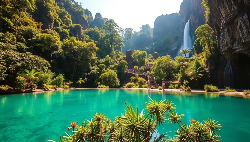 A vast, lush tropical landscape unfolds, with towering cliffs and cascading waterfalls of the Furnas do Bom Jesus National Park. In the foreground, a crystal-clear turquoise pool reflects the surrounding verdant foliage. Sunlight filters through the canopy, casting a warm, golden glow over the serene scene. In the middle ground, visitors explore winding trails, marveling at the park's natural wonders. The background features imposing rock formations, their rugged textures accentuated by dramatic shadows. An atmosphere of tranquility and wonder pervades the image, inviting the viewer to immerse themselves in the park's captivating beauty.