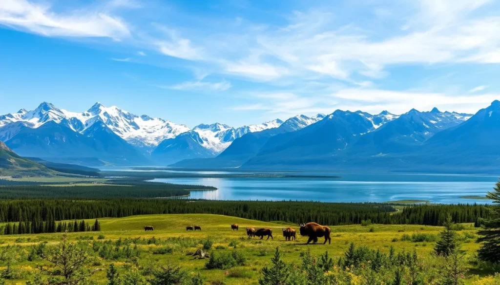 A vast, majestic landscape under a clear, azure sky. In the foreground, a pristine lake reflects the towering peaks of the Canadian Rockies, their snow-capped summits glittering in the warm sunlight. Verdant boreal forests cover the rolling hills, dotted with pockets of vibrant wildflowers. Distant glaciers cling to the mountainsides, while a herd of bison grazes peacefully in the middle ground. The scene exudes a sense of unspoiled wilderness, inviting the viewer to explore the grandeur of Canada's largest national park.