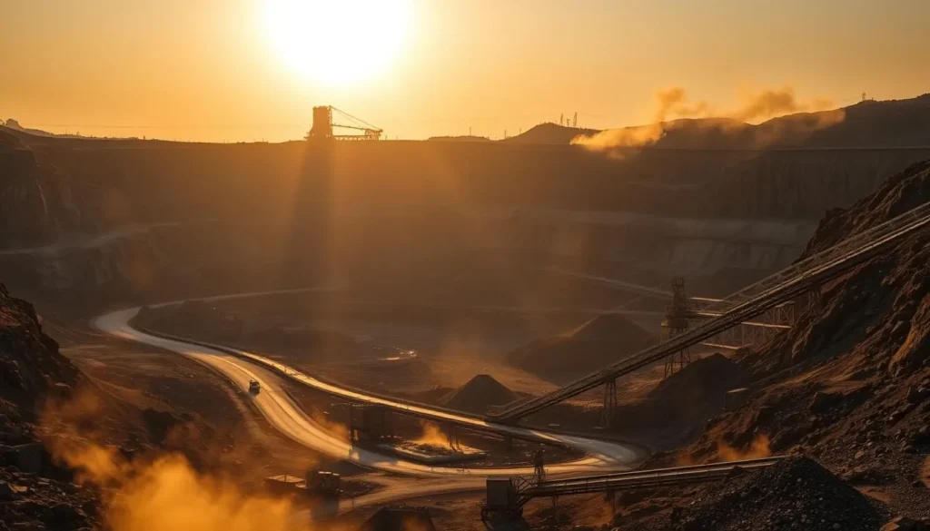 A vast, open-pit coal mine nestled in the heart of Dhanbad, India. Towering machinery silhouetted against a warm, golden sky. Rugged, sunlit cliffs and slopes surrounding the excavation site, revealing the depth of the coal seams. In the foreground, a network of haul roads and conveyor belts transporting the precious black fuel. Clouds of dust swirl in the distance, adding a gritty, industrial atmosphere. The scene exudes the power and scale of Dhanbad's coal-mining operations, the backbone of India's energy supply. Capture the grandeur and importance of this vital resource hub.