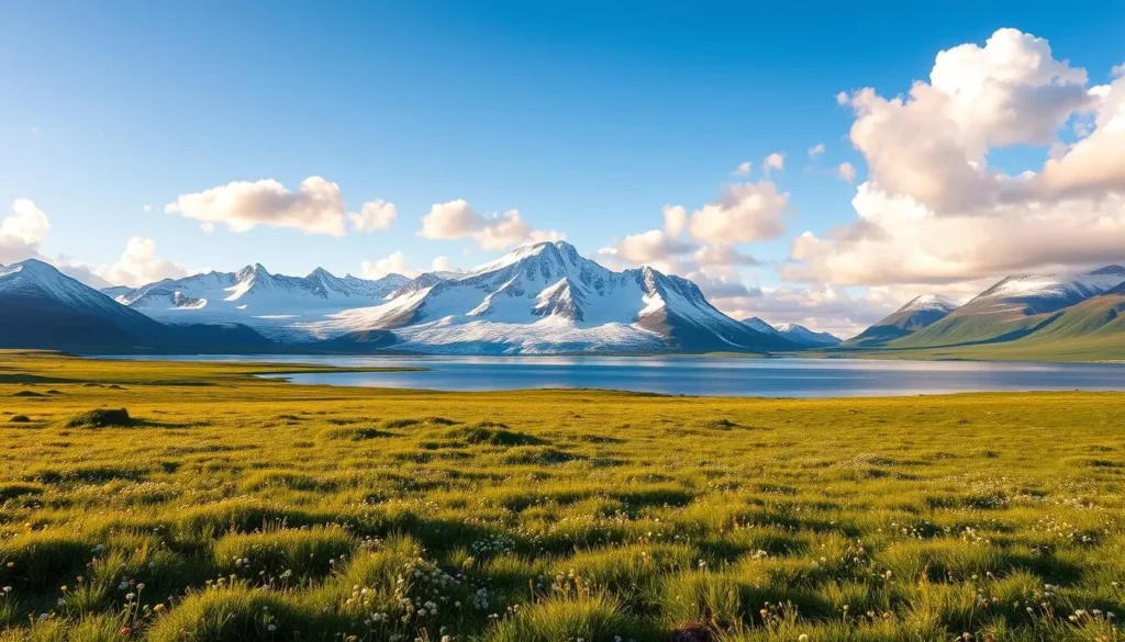 A vast, pristine expanse of Norrbotten County, Sweden, stretches before the viewer. In the foreground, lush, emerald-hued meadows dotted with wildflowers sway gently in the soft breeze. Towering, snow-capped mountains rise majestically in the middle ground, their peaks touching the azure sky. Shimmering glacial lakes reflect the grandeur of the surrounding landscape, their crystalline waters mirroring the fluffy, cotton-candy clouds drifting overhead. The warm, golden light of the sun bathes the entire scene, creating a serene and tranquil atmosphere that invites the viewer to immerse themselves in the beauty of Sweden's Arctic wonderland.