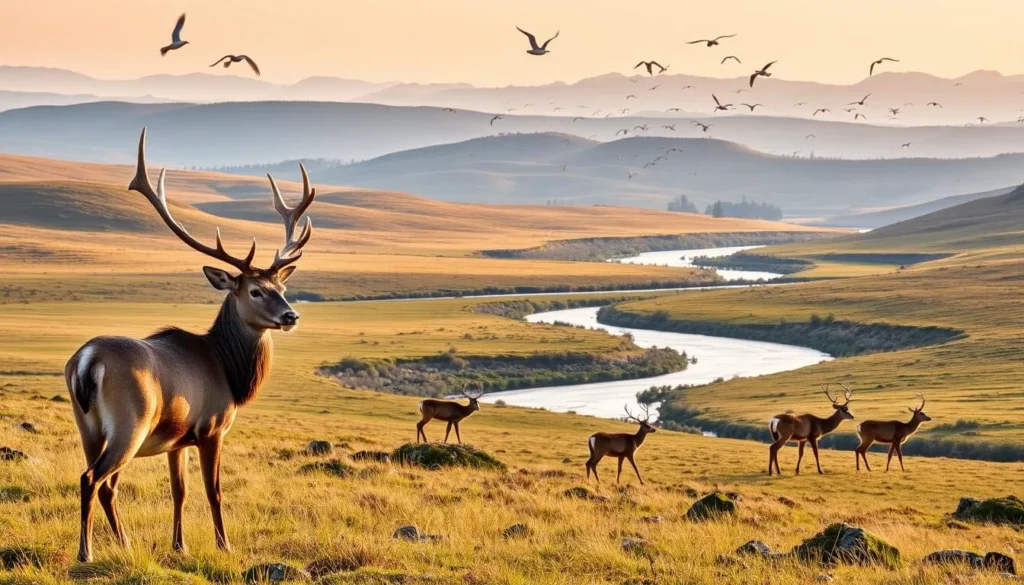A vast, pristine landscape in the Bile Karpaty (White Carpathians) of Czechia, where a diverse array of wildlife roams freely. In the foreground, a majestic stag with a magnificent set of antlers pauses, its gaze alert and watchful. In the middle ground, a family of red deer graze peacefully, their coats glistening in the warm, golden light. Beyond them, a winding river meanders through the lush, verdant meadows, with a flock of migratory birds soaring overhead. In the distance, the rolling hills of the Carpathian Mountains form a stunning backdrop, bathed in the soft, hazy glow of a picturesque day. This serene and awe-inspiring scene captures the essence of the wildlife spotting opportunities that await in this captivating region.