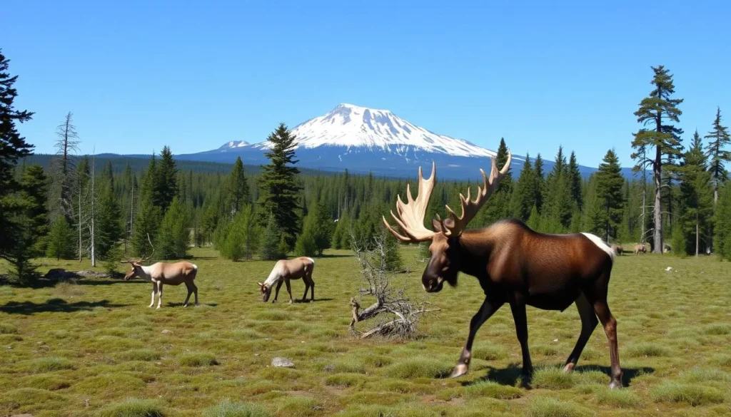 A vast, pristine landscape of the Kungsleden Trail in northern Sweden, where wildlife thrives in the serene boreal forest. In the foreground, a majestic moose grazes peacefully, its antlers casting soft shadows in the dappled sunlight. Further back, a family of reindeer cautiously emerges from the understory, their delicate hooves treading the mossy ground. In the middle distance, a towering mountain range rises, its snow-capped peaks gleaming under a clear, azure sky. The scene exudes a sense of tranquility and harmony, inviting the viewer to immerse themselves in the natural wonders of this breathtaking wilderness.