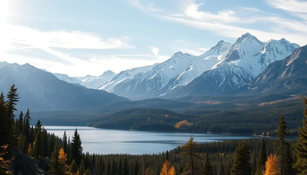 A vast, pristine wilderness of towering mountains, shimmering lakes, and ancient boreal forests. In the foreground, a serene alpine lake reflects the snow-capped peaks above. Sunlight filters through wispy clouds, casting a warm glow over the rugged terrain. In the middle ground, dense evergreen forests stretch out, dotted with the vibrant hues of autumn foliage. The background is dominated by majestic, jagged mountains, their slopes blanketed in a pristine coat of snow. The overall mood is one of tranquility and wonder, capturing the essence of Northern Lapland's untamed natural beauty.