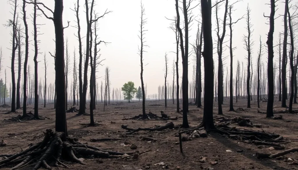 A vast, scorched landscape in Tyresta National Park, Sweden. Charred tree trunks reach skyward, their blackened branches silhouetted against a bright, hazy sky. Piles of ash and scattered debris litter the ground, evidence of the devastating 1999 fire that swept through the area. In the middle distance, a few resilient trees stand, their green foliage a stark contrast to the surrounding desolation. The air is thick with the smell of smoke, and a sense of melancholy permeates the scene. A wide-angle lens captures the full extent of the damage, while soft, diffuse lighting lends an ethereal quality to the haunting landscape. A vast, scorched landscape in Tyresta National Park, Sweden. Charred tree trunks reach skyward, their blackened branches silhouetted against a bright, hazy sky. Piles of ash and scattered debris litter the ground, evidence of the devastating 1999 fire that swept through the area. In the middle distance, a few resilient trees stand, their green foliage a stark contrast to the surrounding desolation. The air is thick with the smell of smoke, and a sense of melancholy permeates the scene. A wide-angle lens captures the full extent of the damage, while soft, diffuse lighting lends an ethereal quality to the haunting landscape.