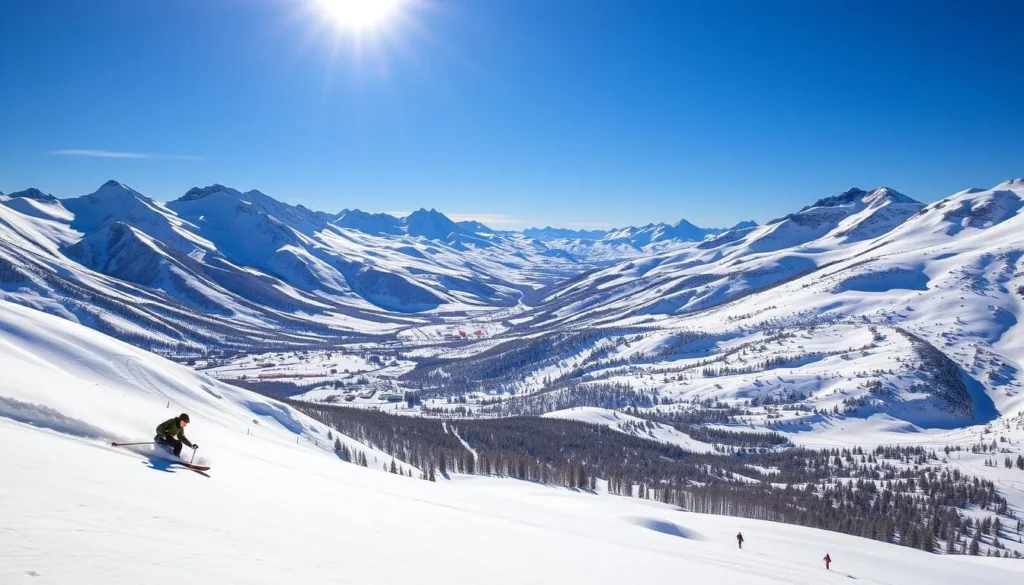 A vast, snow-covered expanse of Copper Mountain's expert terrain, where the sun casts a warm glow over the challenging slopes. In the foreground, a lone skier carves graceful turns through the pristine powder, their skills on full display. The middle ground reveals a network of groomed runs and steep chutes, beckoning the adventurous. In the distance, rugged peaks rise majestically, their jagged silhouettes framed by a brilliant azure sky. The scene exudes an invigorating atmosphere, capturing the thrill and excitement of tackling Copper Mountain's most advanced skiing options.