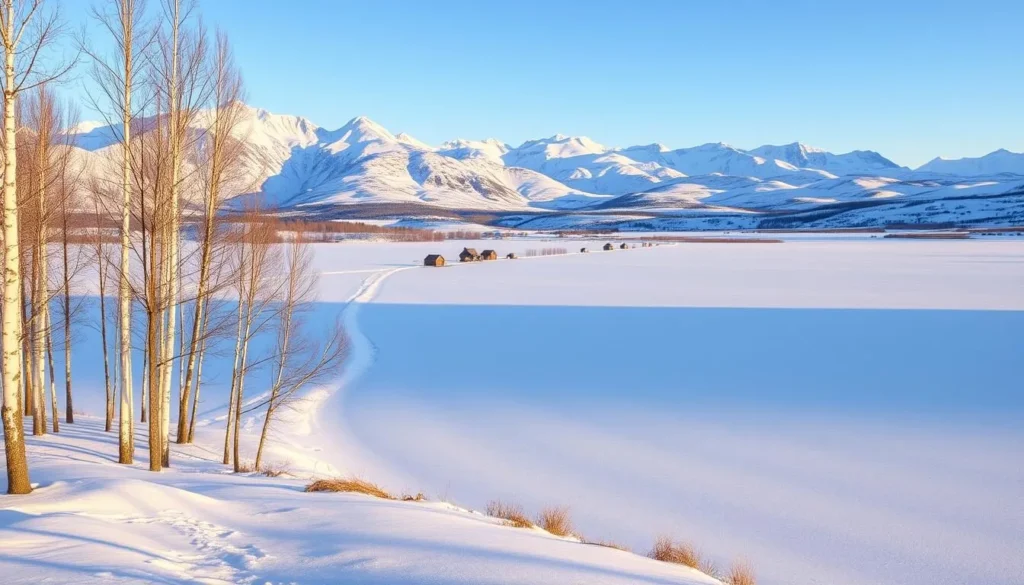 A vast, snow-covered expanse of the Hardangervidda National Park in Norway, bathed in the warm glow of the winter sun. In the foreground, a frozen lake reflects the surrounding mountains, their peaks piercing the clear, crisp sky. Towering birch trees line the shores, their bare branches casting intricate shadows on the pristine, unbroken snow. In the middle ground, a winding trail invites exploration, leading into a serene, tranquil landscape dotted with small, cozy cabins. The background is dominated by the majestic Hardangervidda plateau, its rolling hills and deep valleys creating a sense of rugged, untamed beauty. The scene conveys a peaceful, ethereal atmosphere, perfect for capturing the seasonal activities and natural wonders of this stunning Norwegian wilderness.