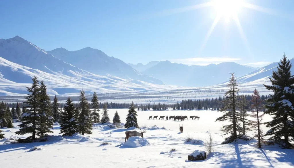 A vast, snow-covered landscape of the Arctic wilderness, with majestic mountains in the background and a serene, frozen lake in the foreground. Sunlight filters through the crisp, clear air, casting a warm glow over the scene. Scattered pine trees dot the landscape, their branches laden with fresh snow. In the distance, a herd of reindeer grazes peacefully, adding to the tranquil, unspoiled atmosphere. The image captures the beauty and tranquility of Norway's Arctic gem, Alta, perfectly suited to illustrate the "Discovering Alta: Norway's Arctic Gem" section of the article.