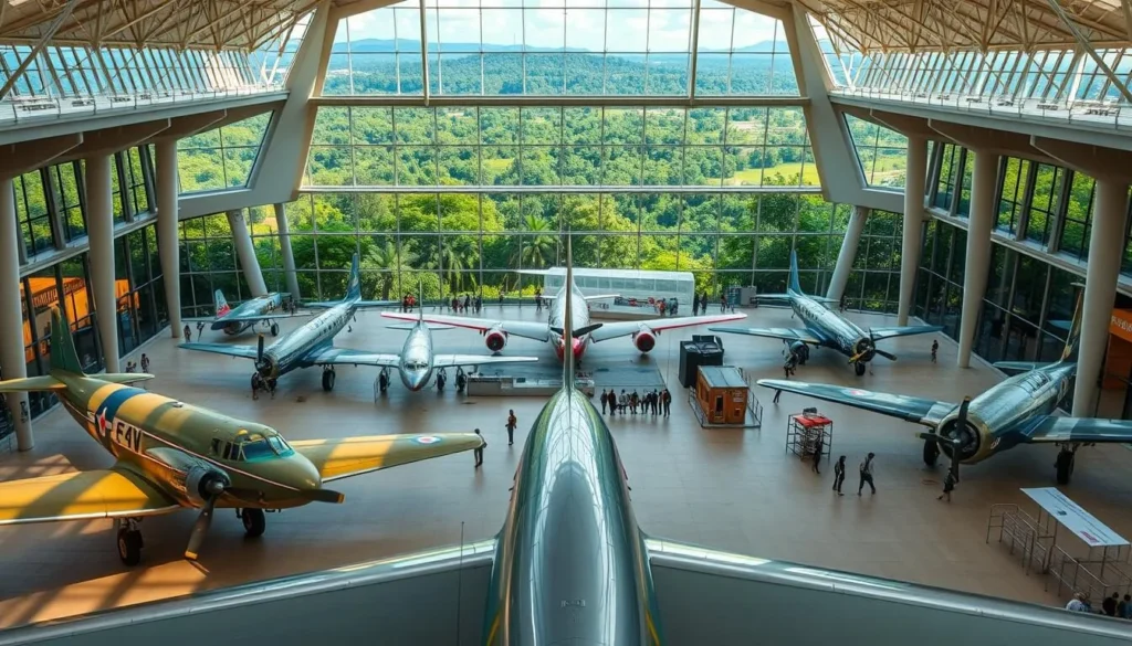 A vast, sprawling aviation museum nestled in the heart of Maracay, Venezuela. The Museo Aeronáutico de Maracay stands as a testament to the nation's rich aeronautical heritage. In the foreground, meticulously restored vintage aircraft take center stage, their sleek designs and gleaming exteriors capturing the imagination. The middle ground showcases interactive exhibits, allowing visitors to delve into the science and technology behind flight. In the background, the museum's modern architecture frames the scene, with large windows offering panoramic views of the lush, verdant surroundings. Bathed in warm, natural light, the museum exudes a sense of wonder and discovery, inviting guests to explore the marvels of aviation history.